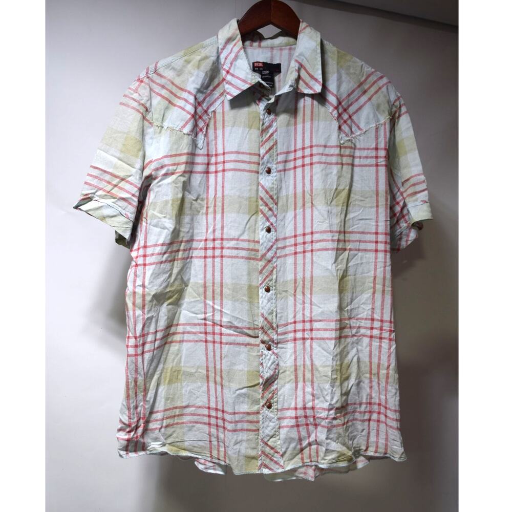 Diesel Men’s XXL Plaid Western Shirt 100% Cotton Snap Front Raw Edge Yoke